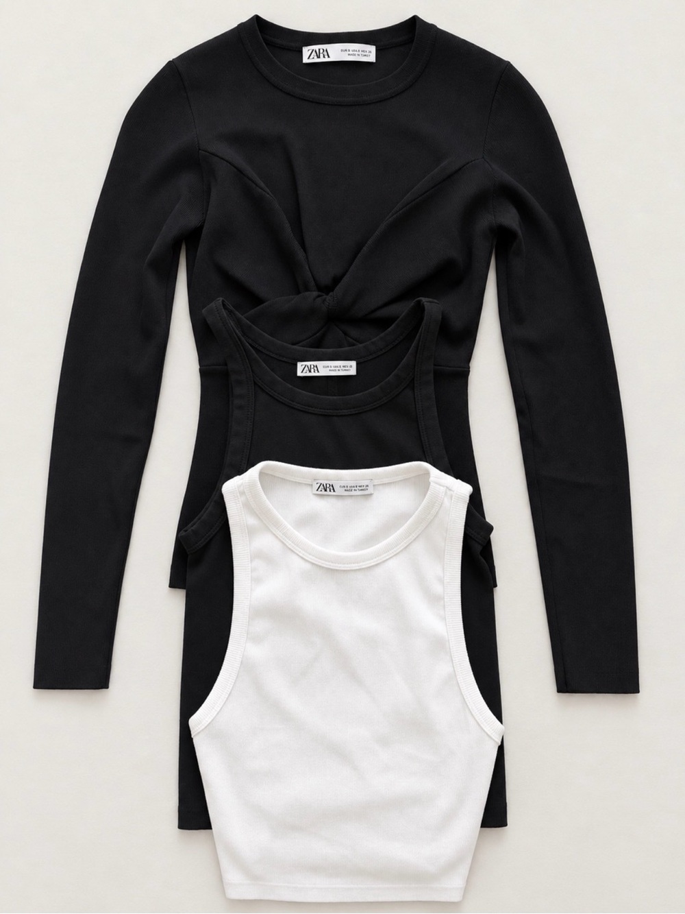 Zara 3-Piece Black & White Top Bundle Twist Front Long Sleeve + Tanks S/M